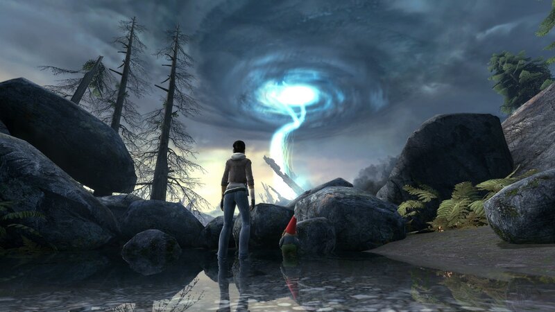 Character facing a storm vortex