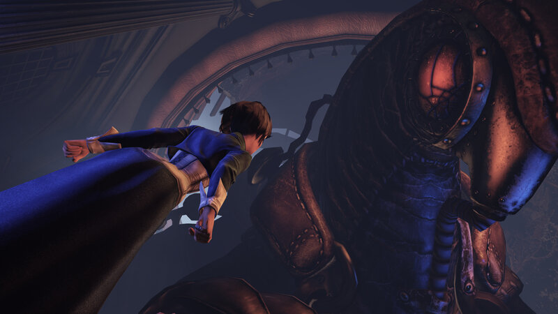 Character Facing Giant Robot — Blue