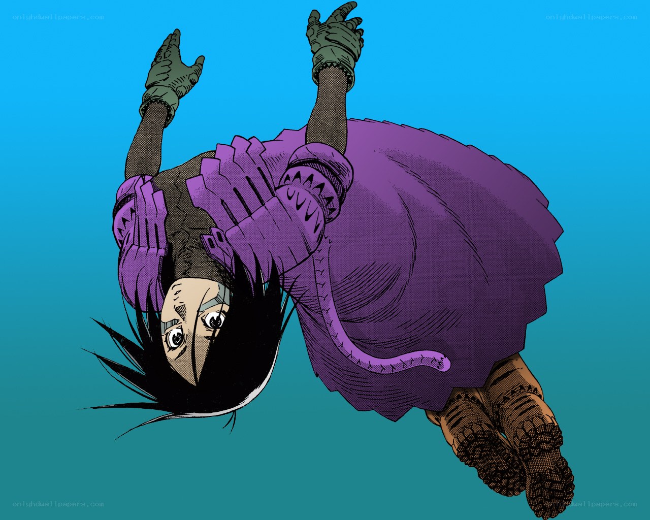 character falling in purple outfit