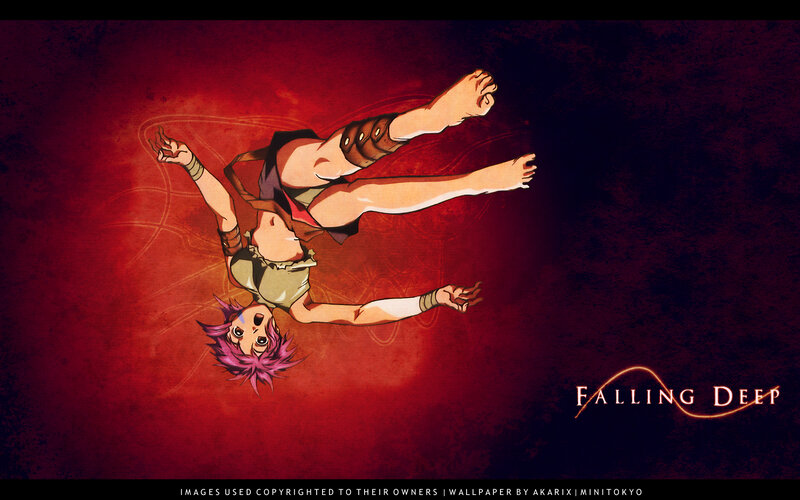 Character falling in red void