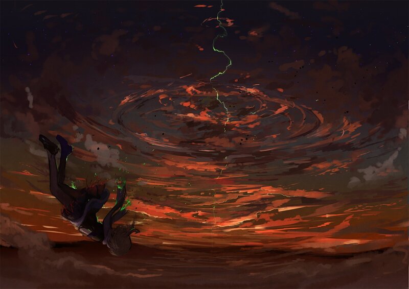 Character falling into vortex