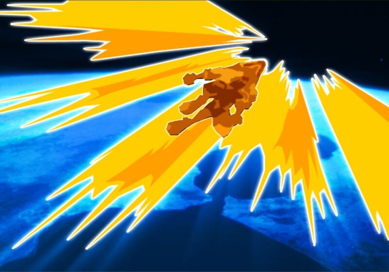 character falling through energy beams
