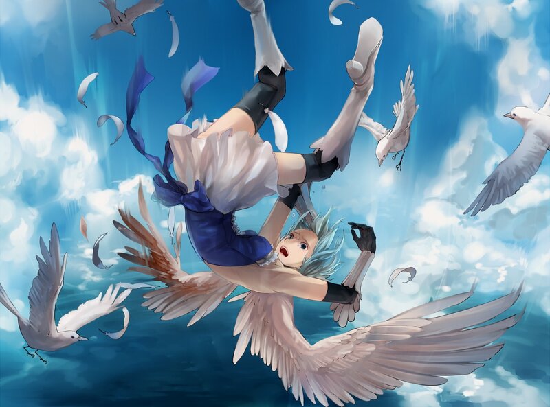 character falling with birds