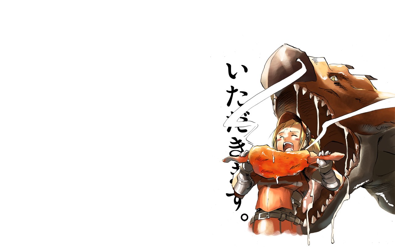 Character feeding meat to dinosaur