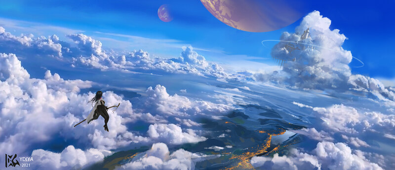 Character Flying Above Clouds — Blue
