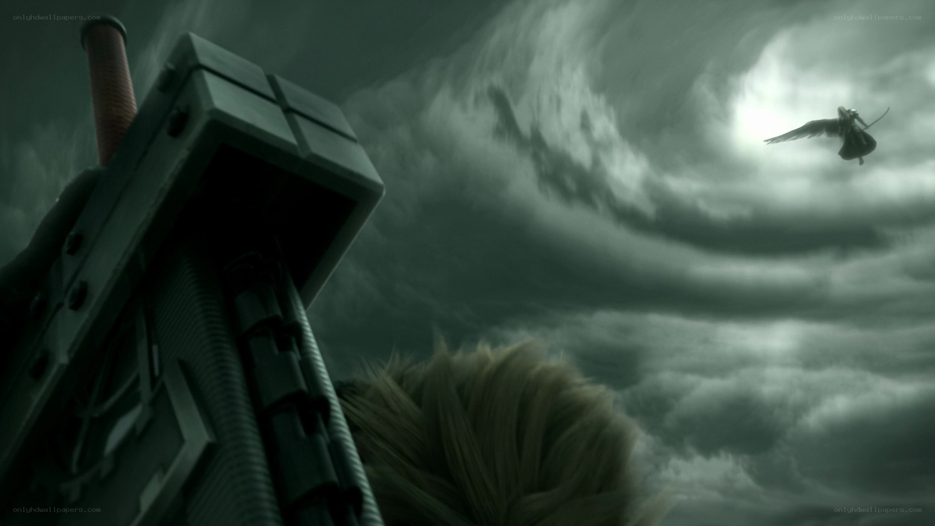 Character flying in stormy sky