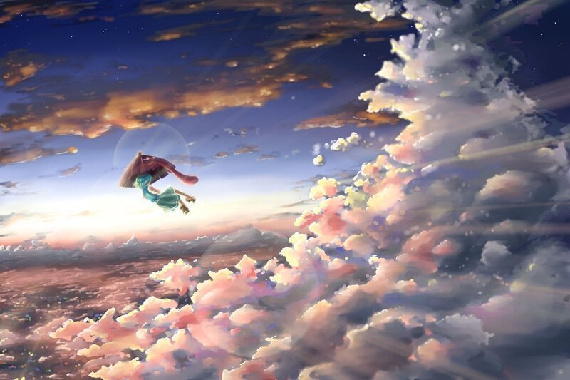 character flying through clouds