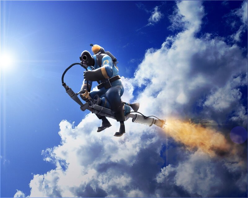 character flying with jetpack