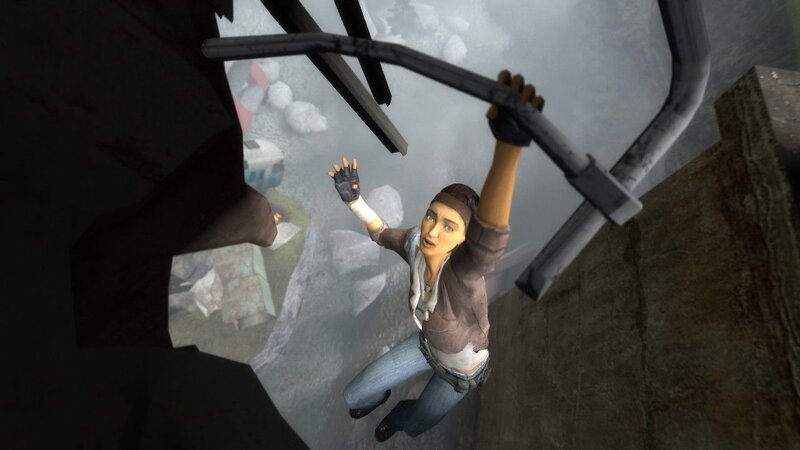 character hanging from metal beam