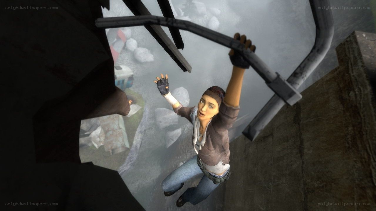 character hanging from metal beam