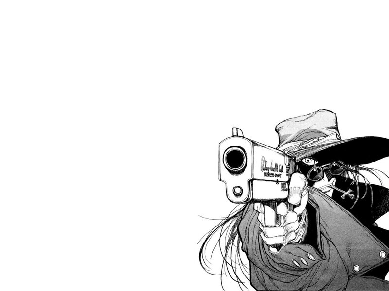 Character Holding a Gun — Black, Dramatic, Manga, Hat, Sunglasses, White