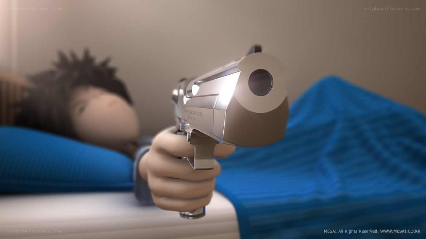 Character holding a gun in bed