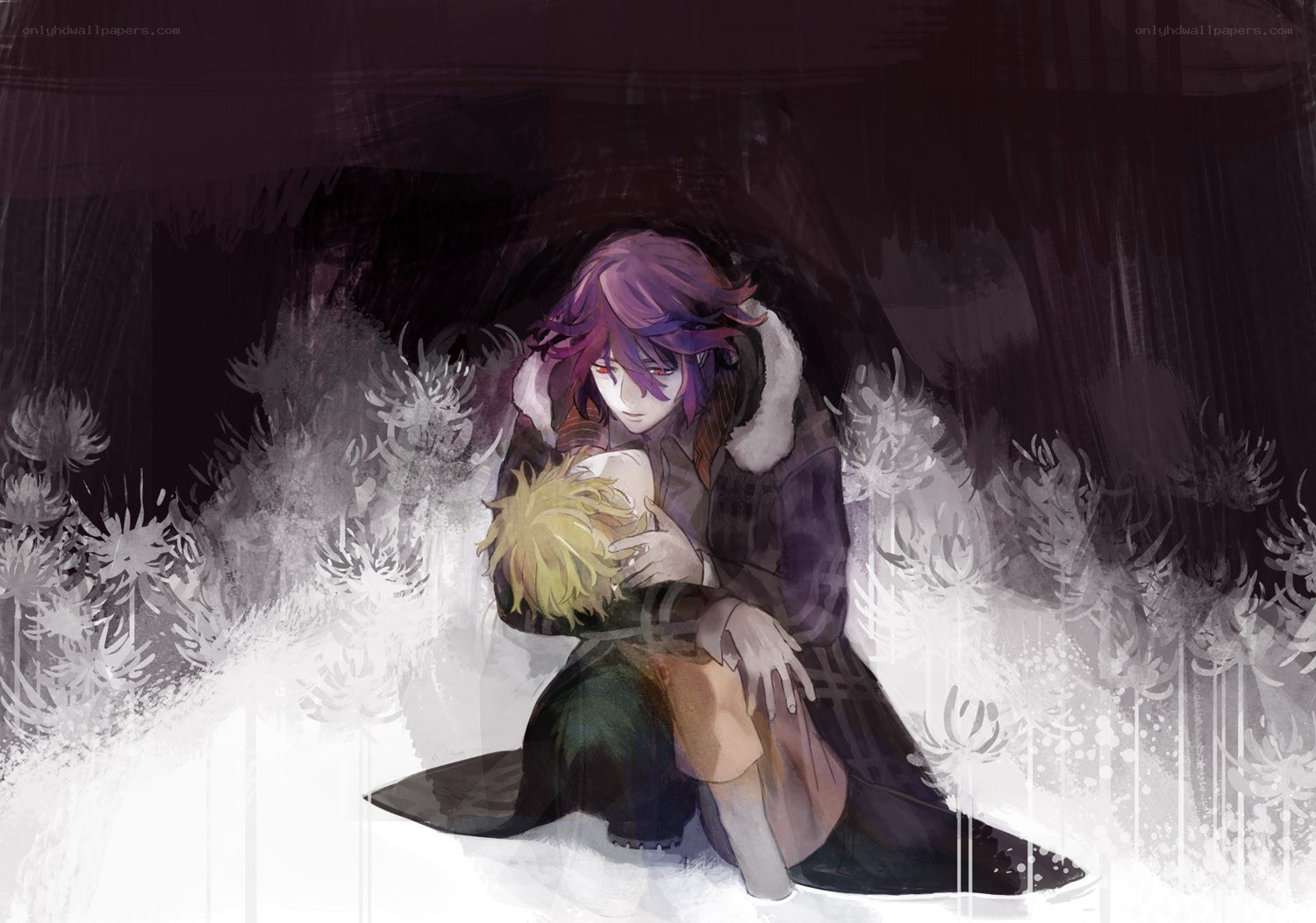 Character holding another in dark field