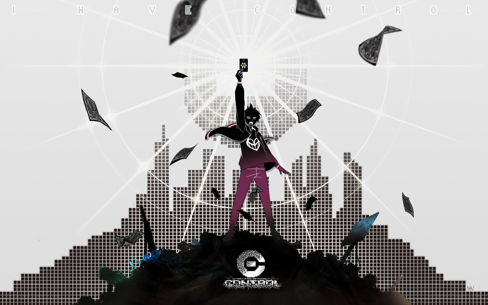 character holding card in cityscape