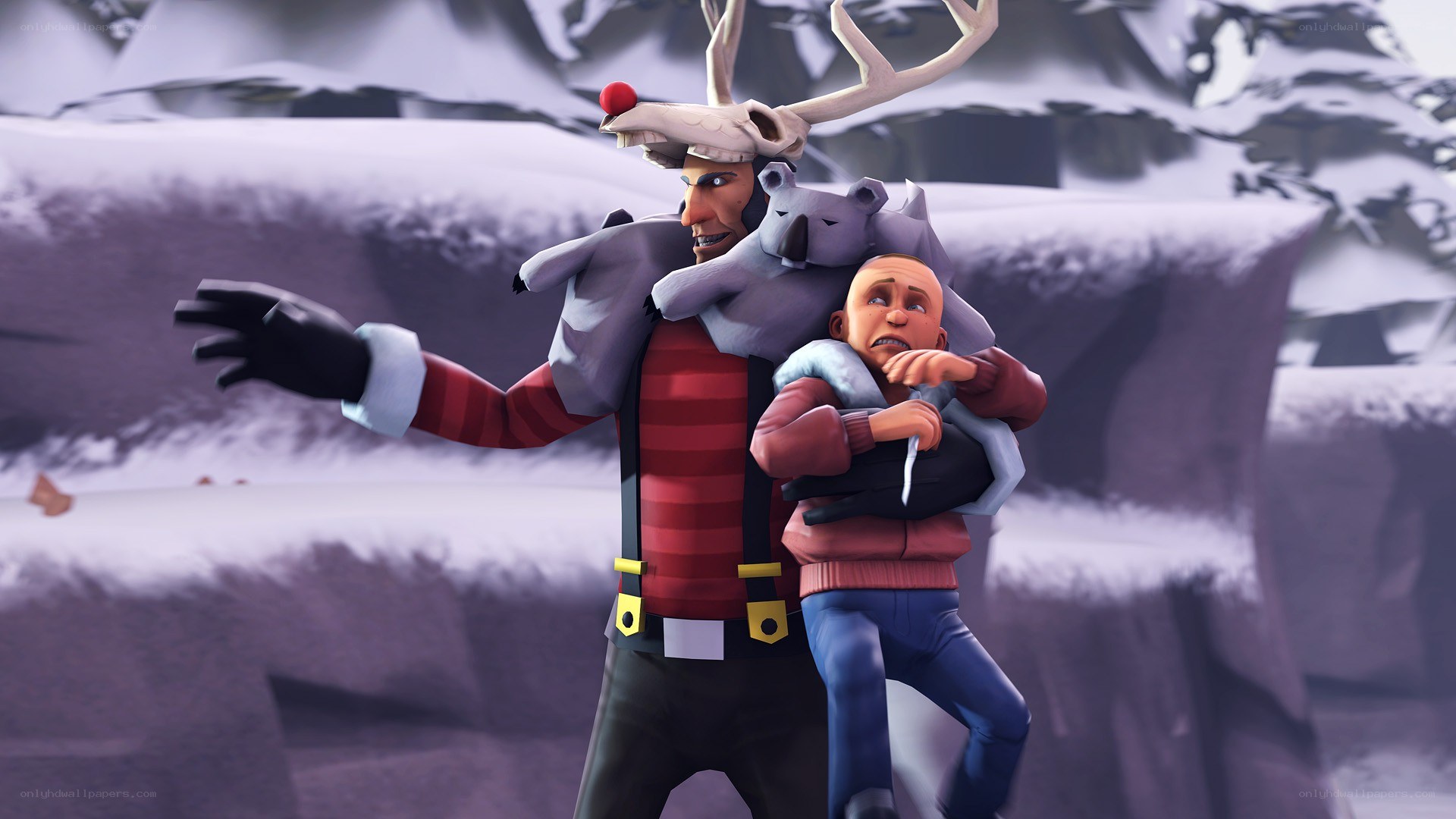 Character holding child in snowy scene