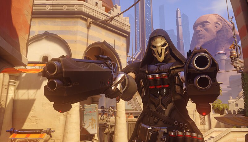 Character Holding Dual Pistols — Black, Dramatic