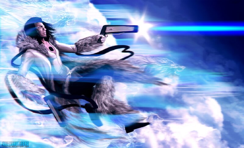 Character Holding Gun — Blue, Dramatic, Digital Art