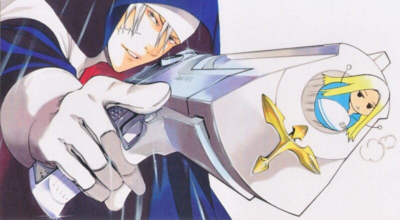 Character Holding Gun — Blue, Dramatic, Manga