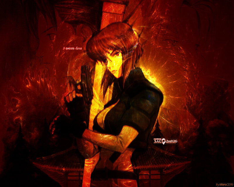 Character holding gun in fiery scene