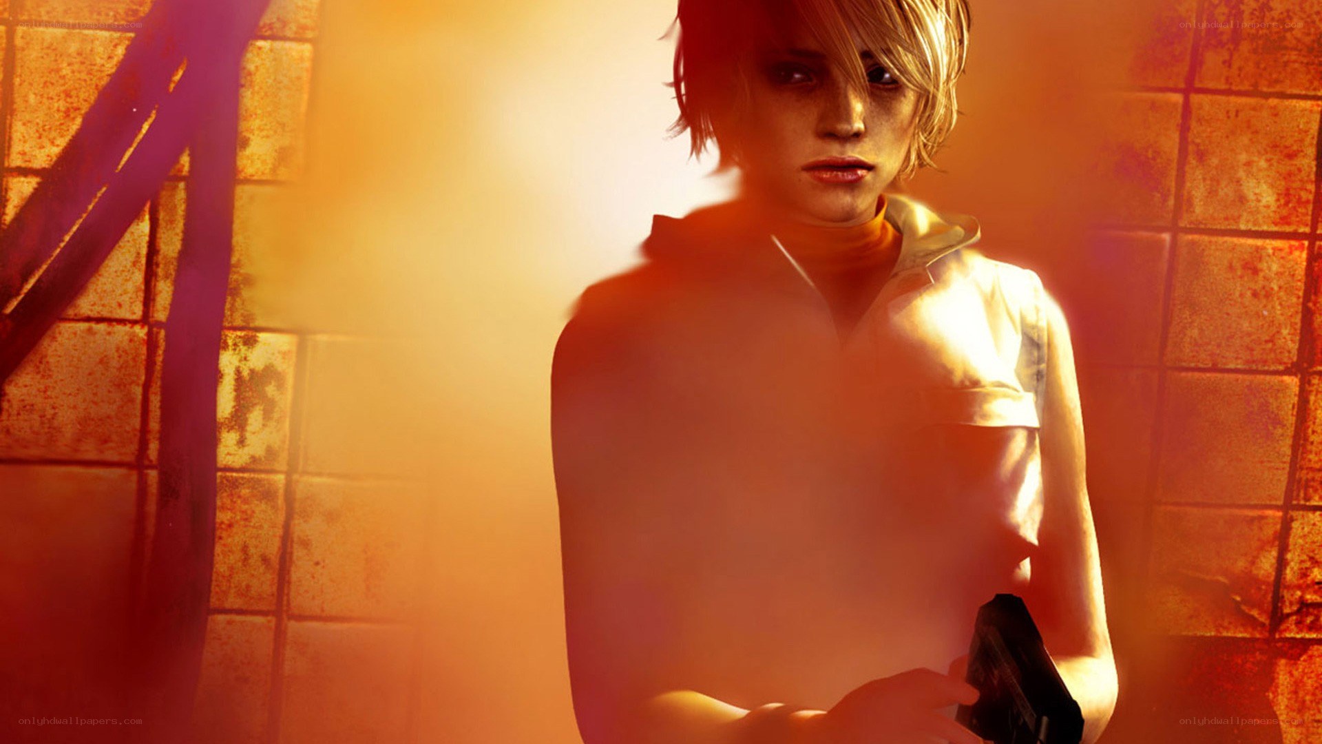 Character holding gun in orange light