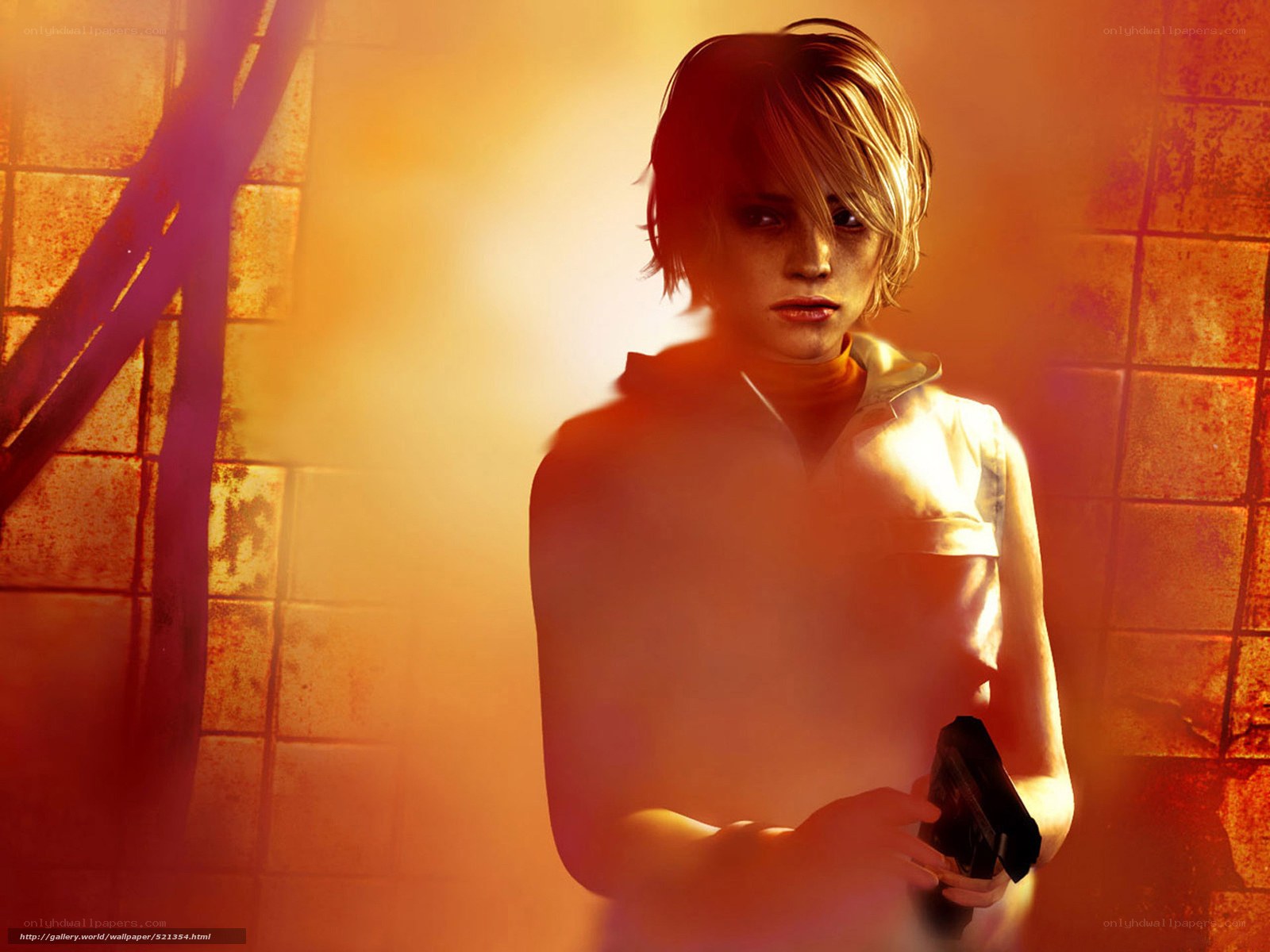 character holding gun in orange light