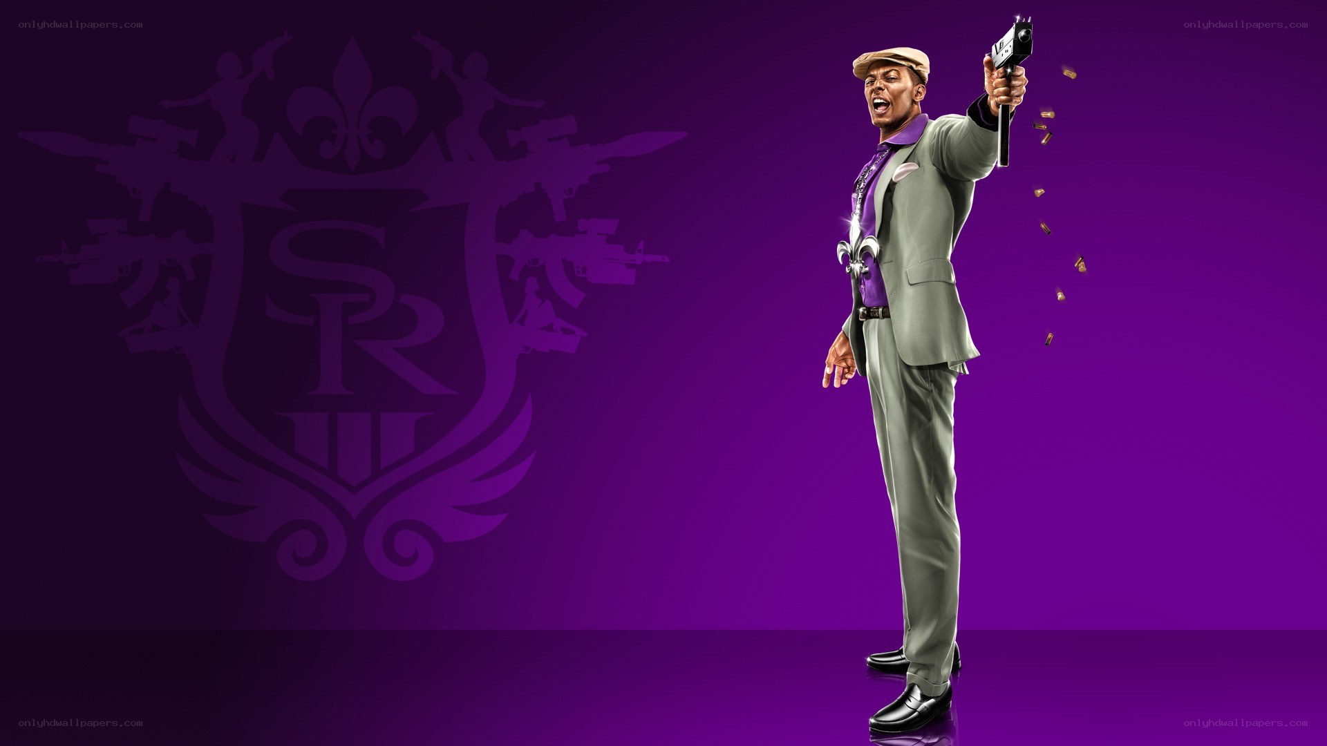 character holding gun in suit