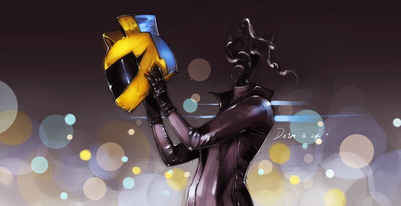 character holding helmet