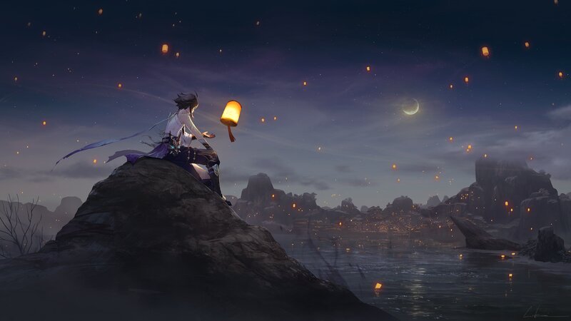 Character Holding Lantern — Purple