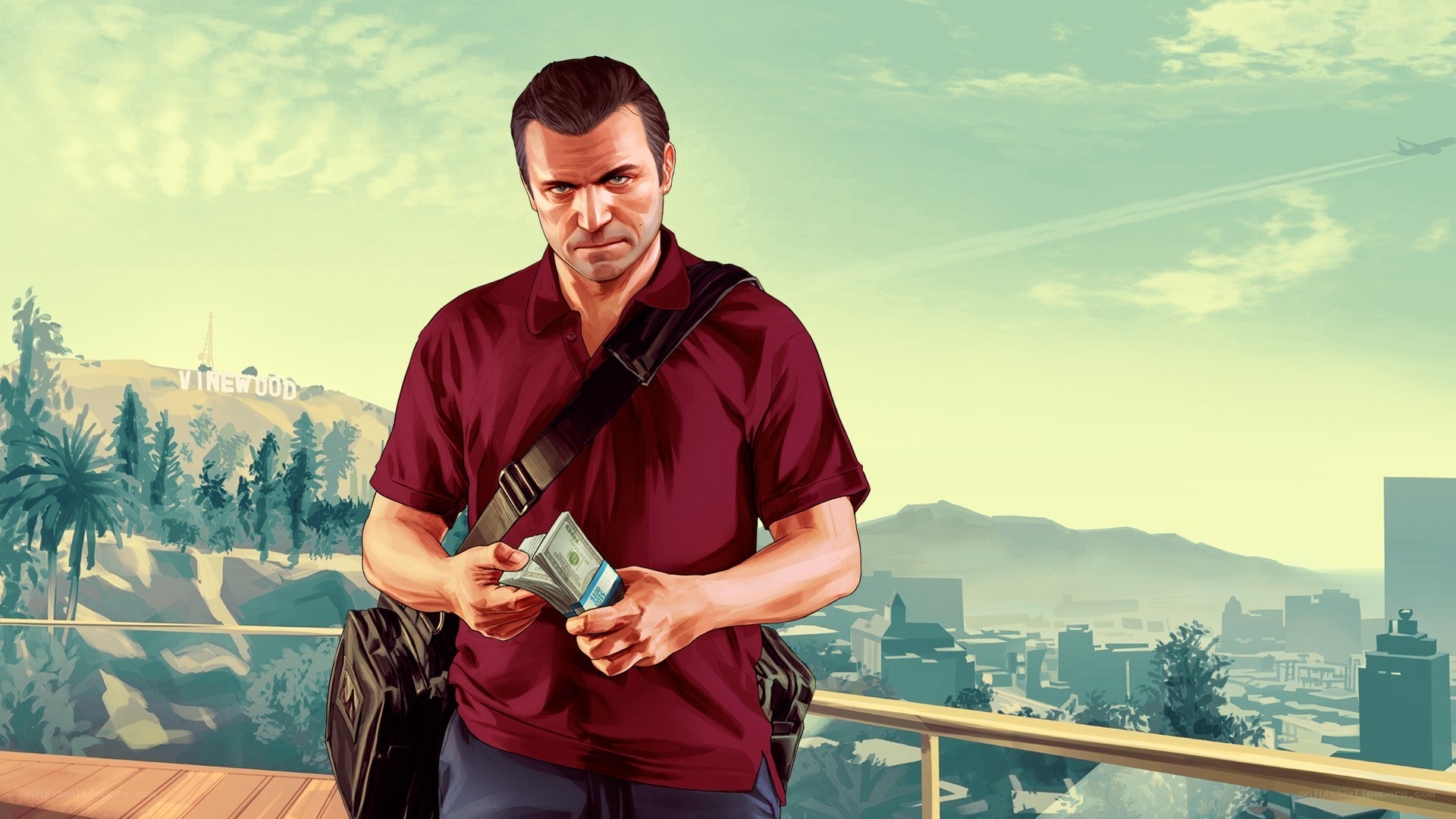 Character holding money on balcony