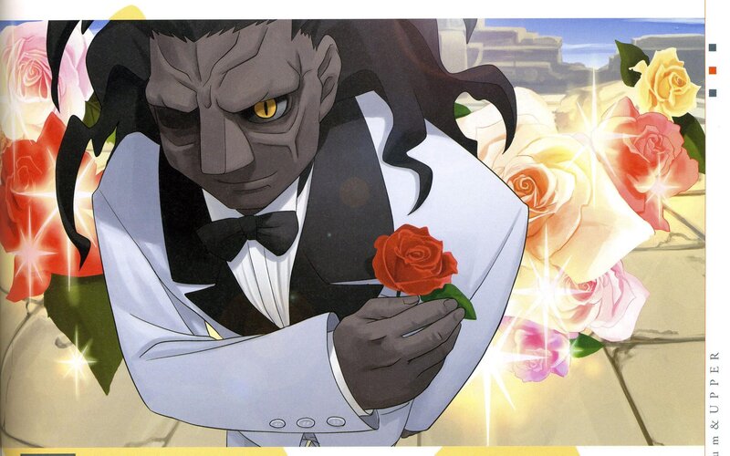 character holding red rose