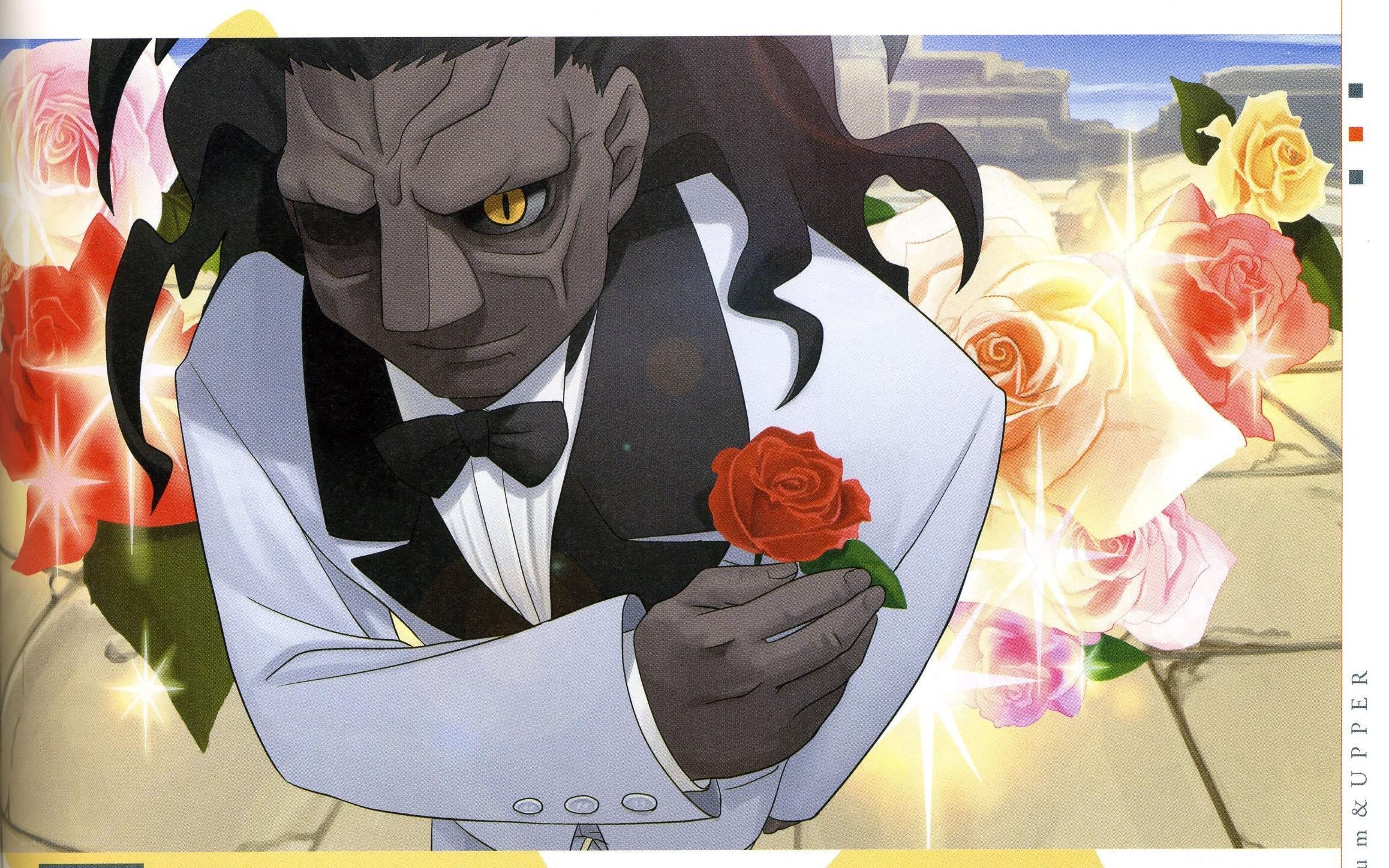 character holding red rose