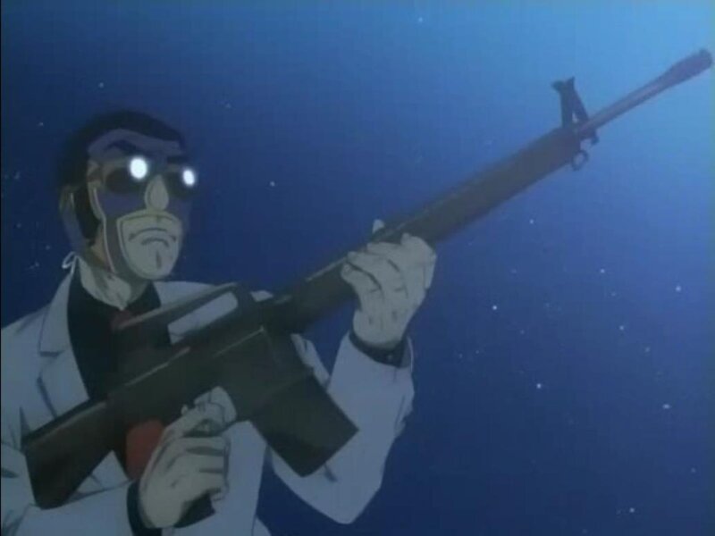 character holding rifle underwater