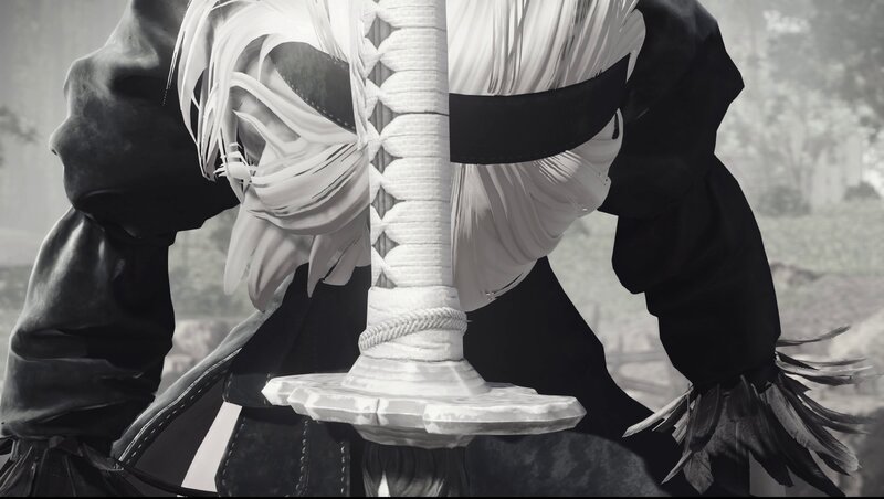 Character Holding Sword — Black, Dramatic