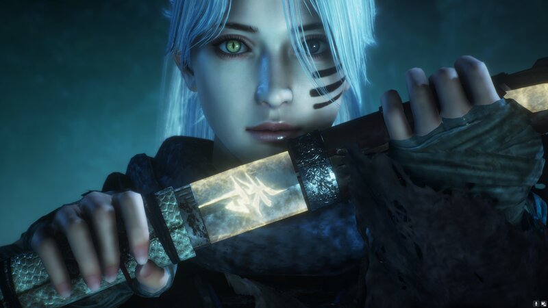 Character Holding Sword — Blue, Dramatic, Night