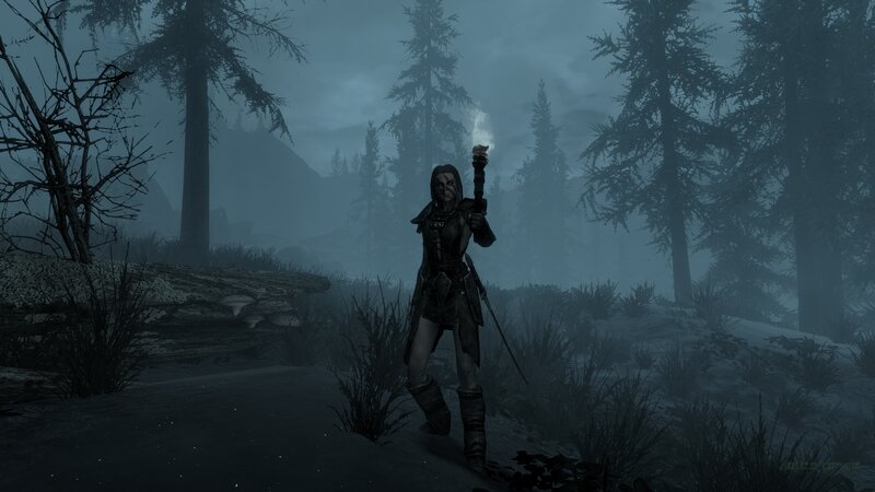 Character Holding Torch — Gray, Dark, Misty