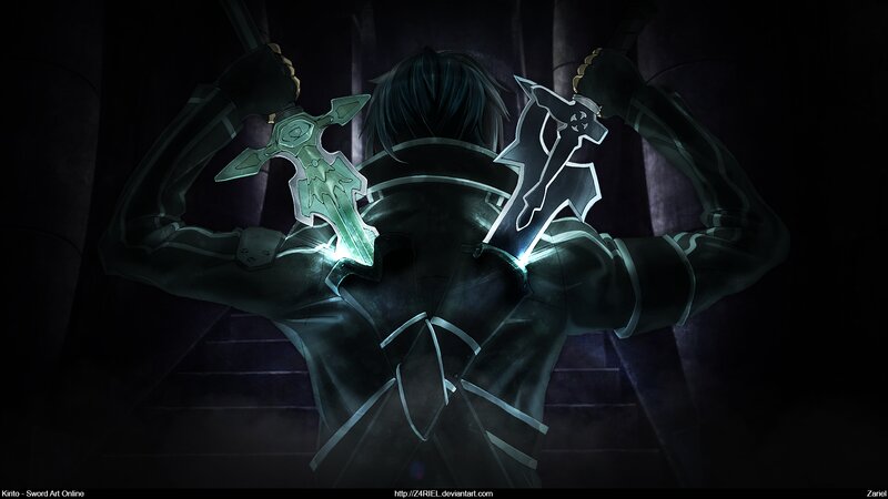 Character Holding Two Swords — Black, Dramatic