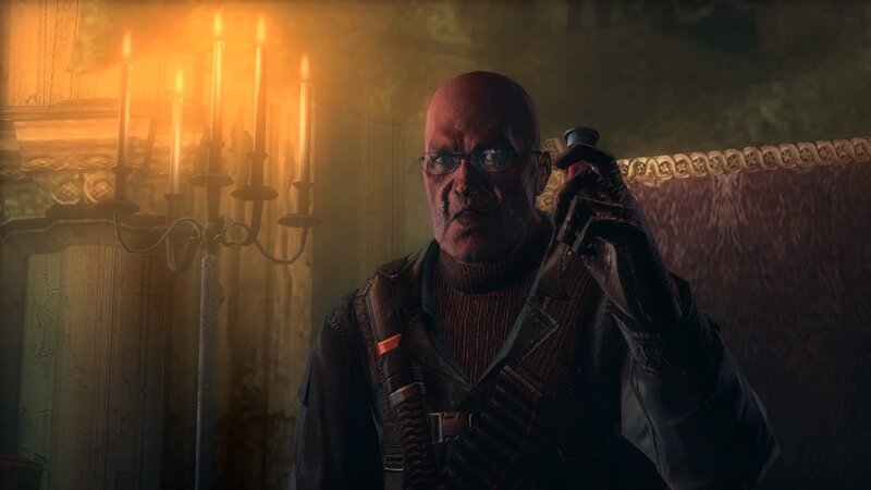 Character holding vial in candlelit room