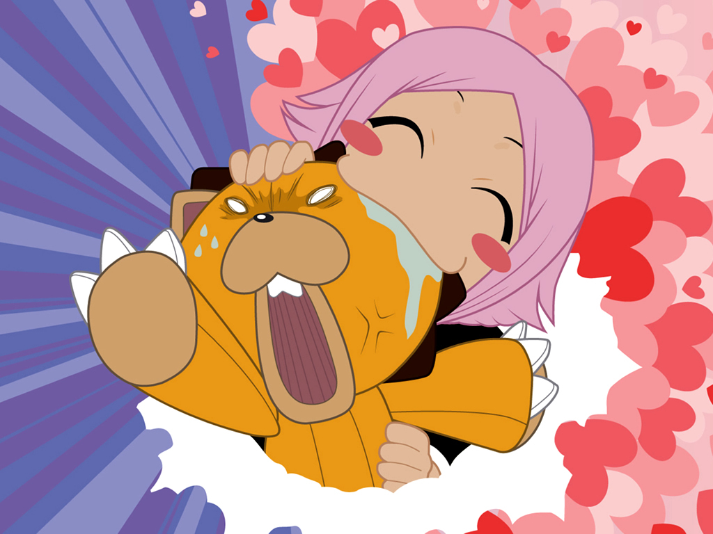Character hugging a crying animal