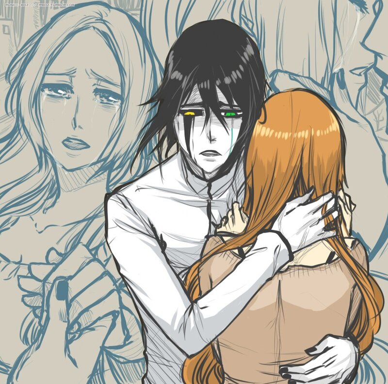 Character Hugging Another — Black, Dramatic