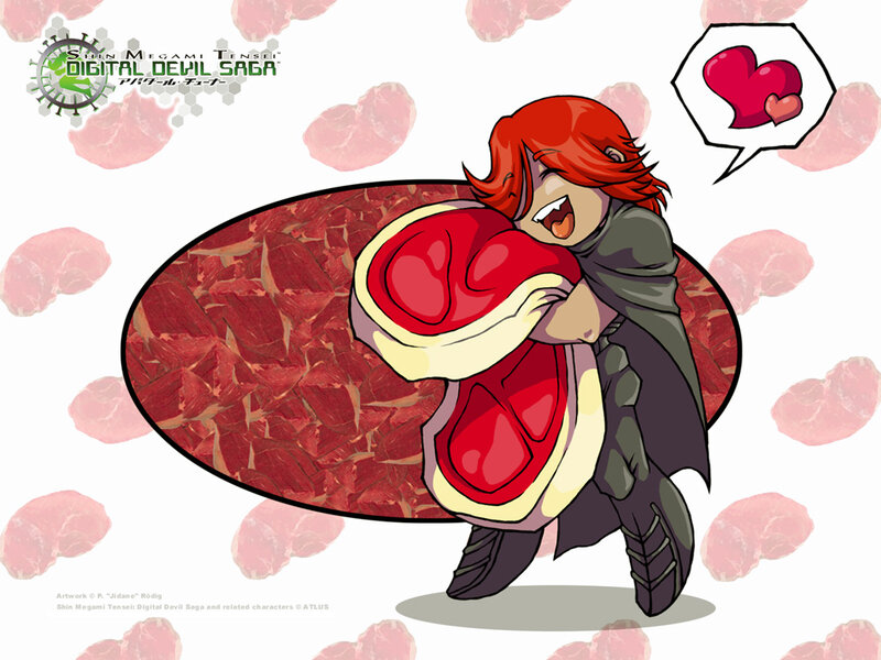 Character hugging meat