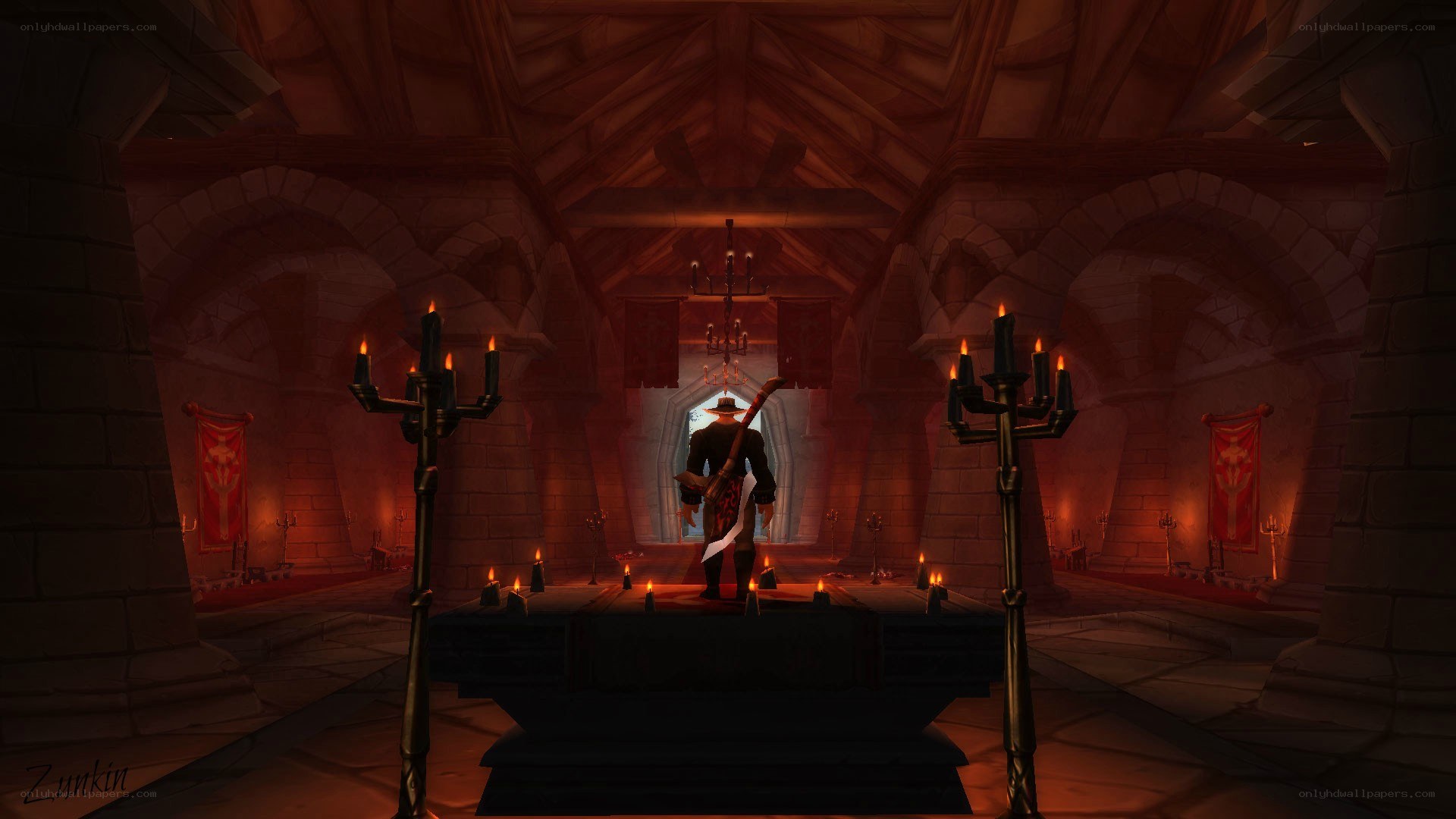 Character in a candlelit hall