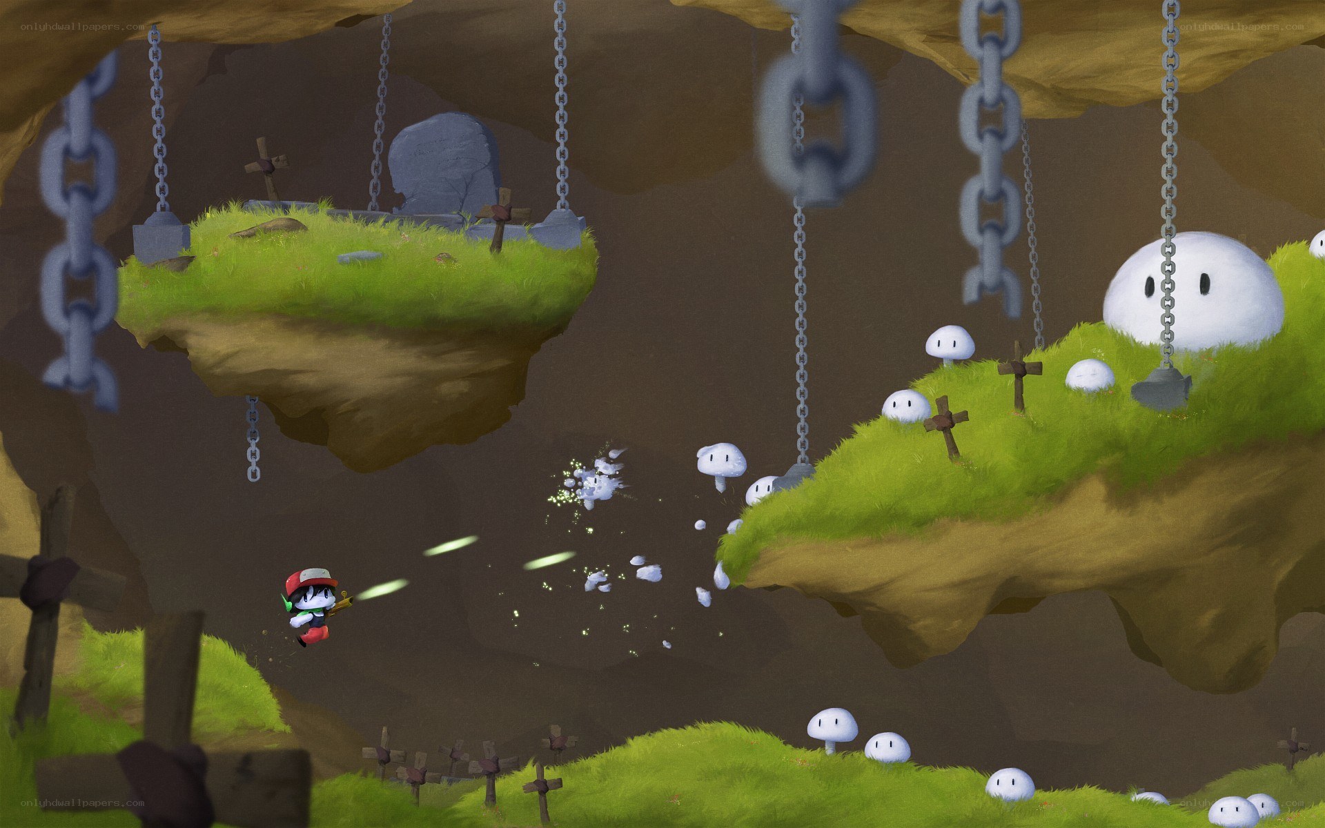 character in a cave with mushrooms