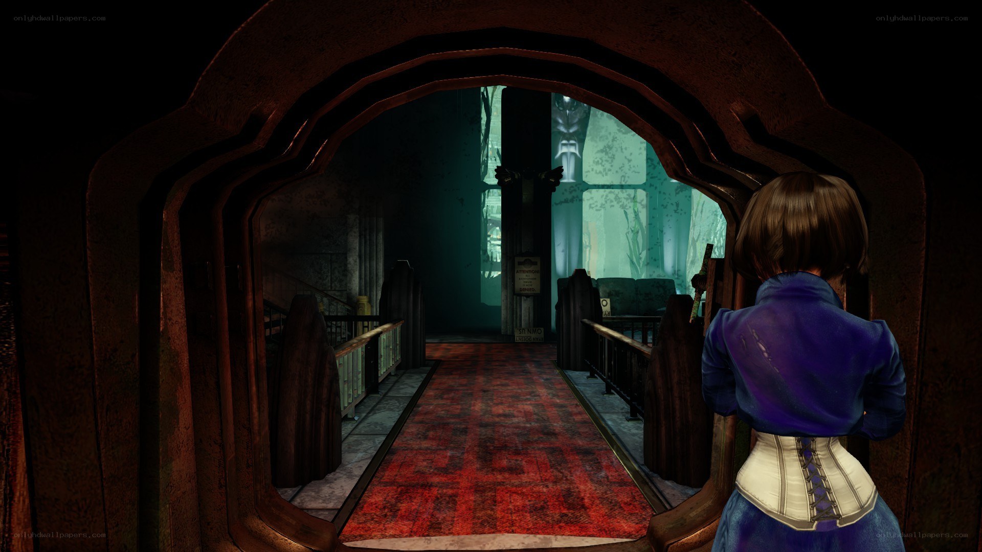 character in a dim hallway