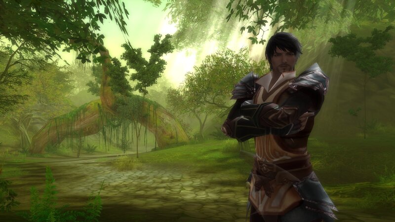 character in a forest clearing