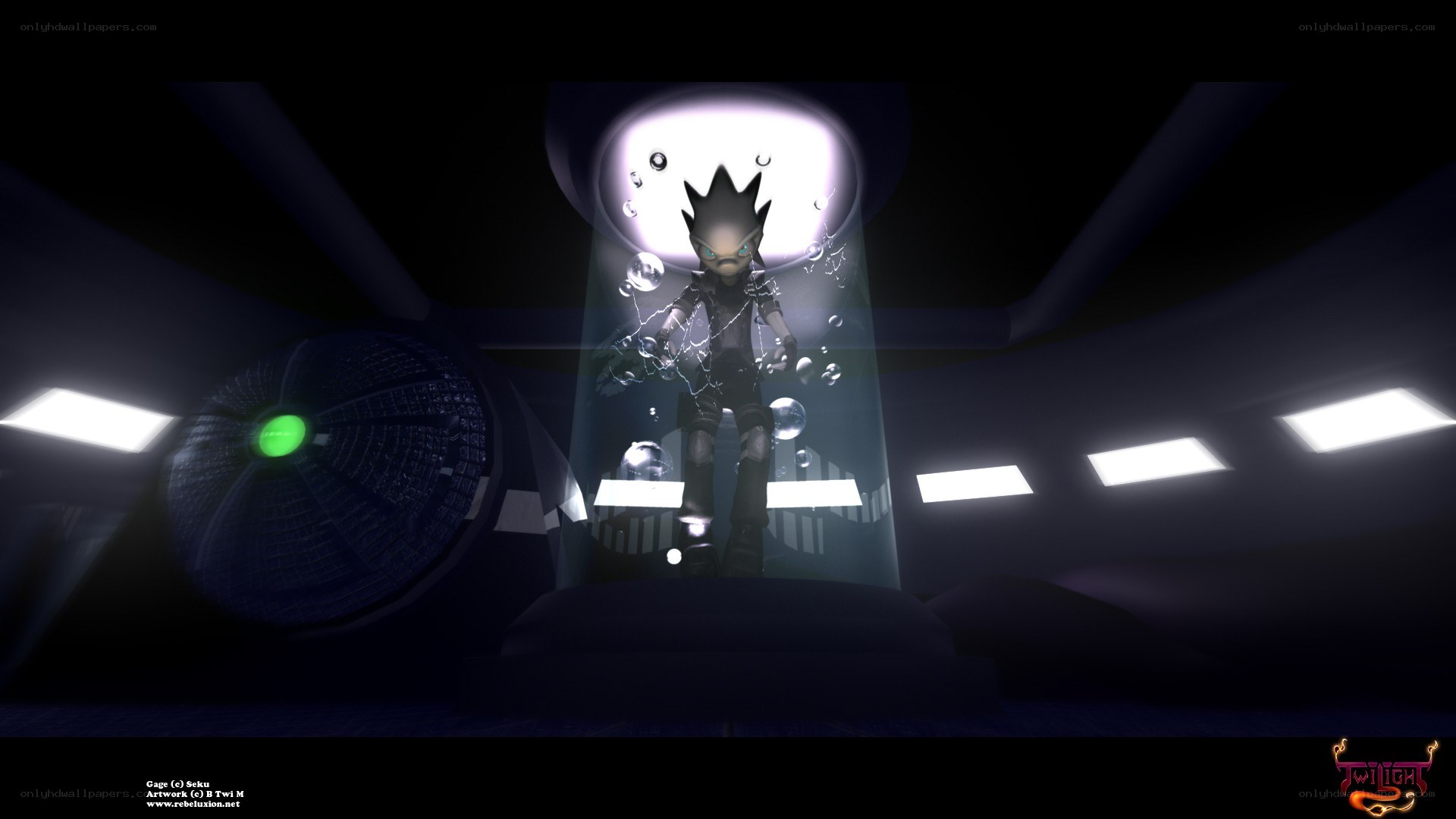 Character in a futuristic chamber