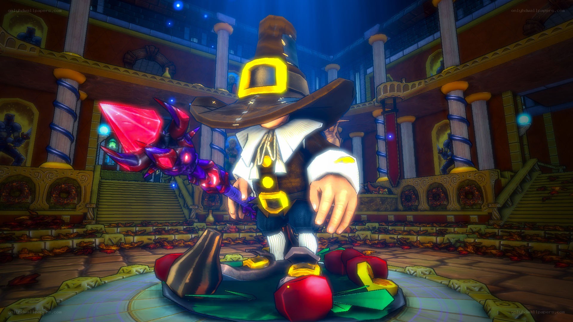 character in a grand hall