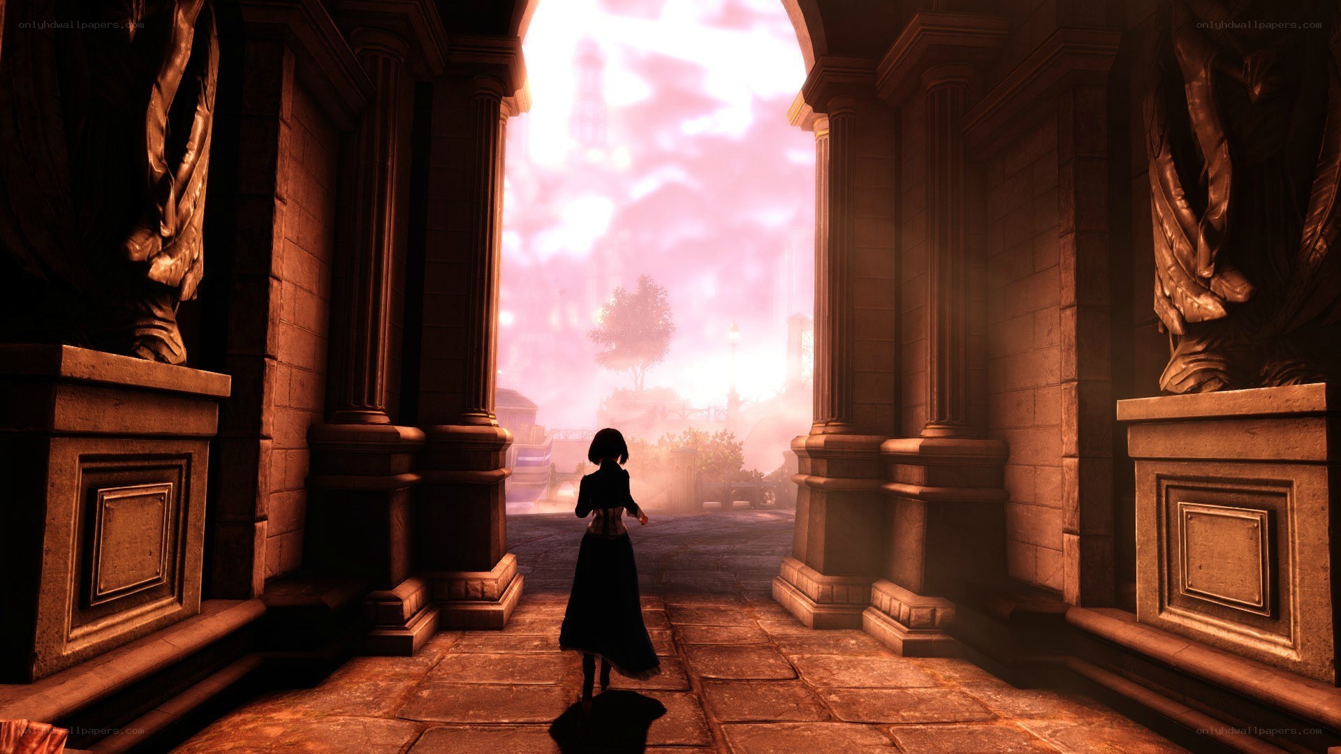 character in a grand hall