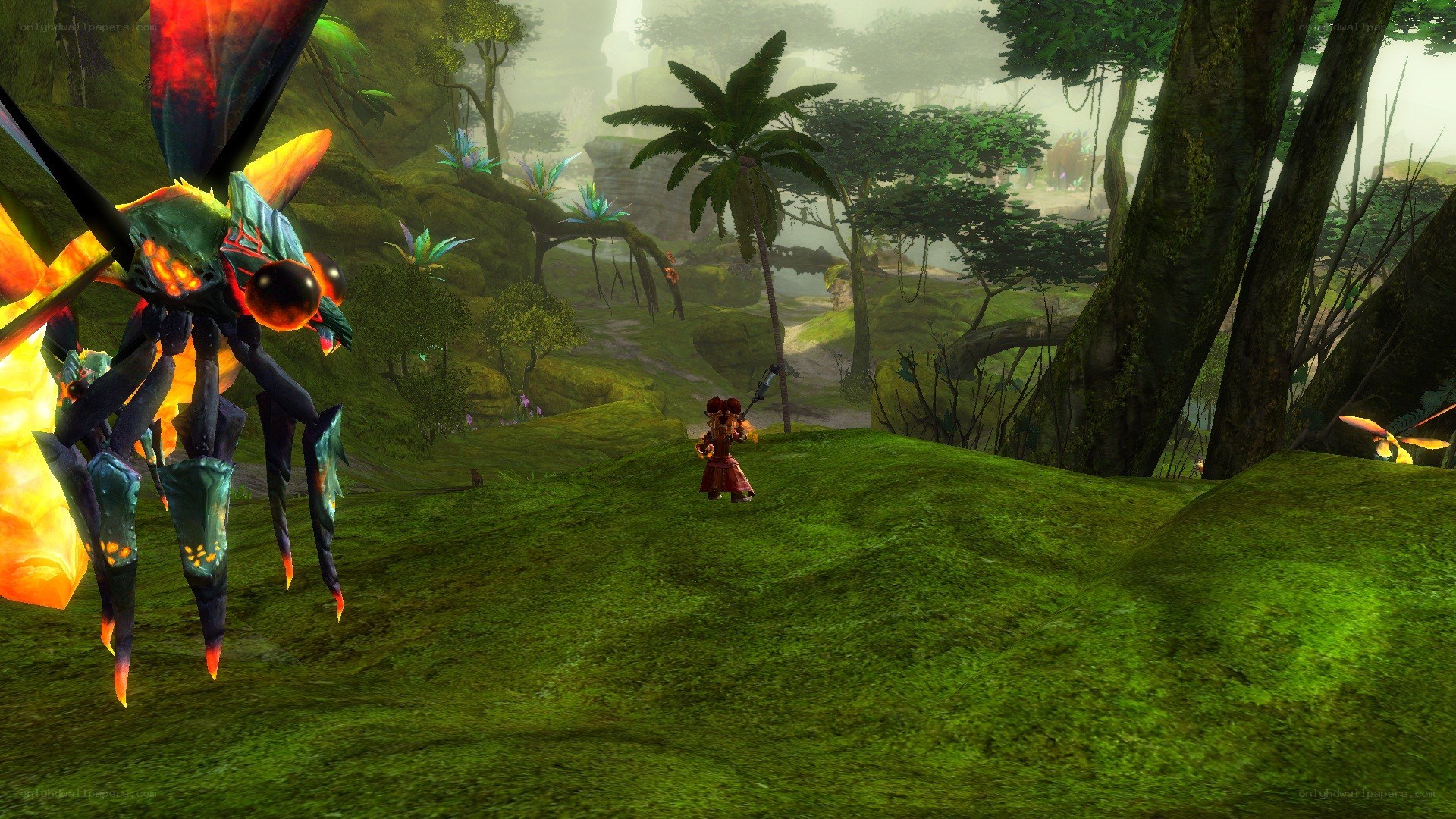 Character in a jungle with a large insect