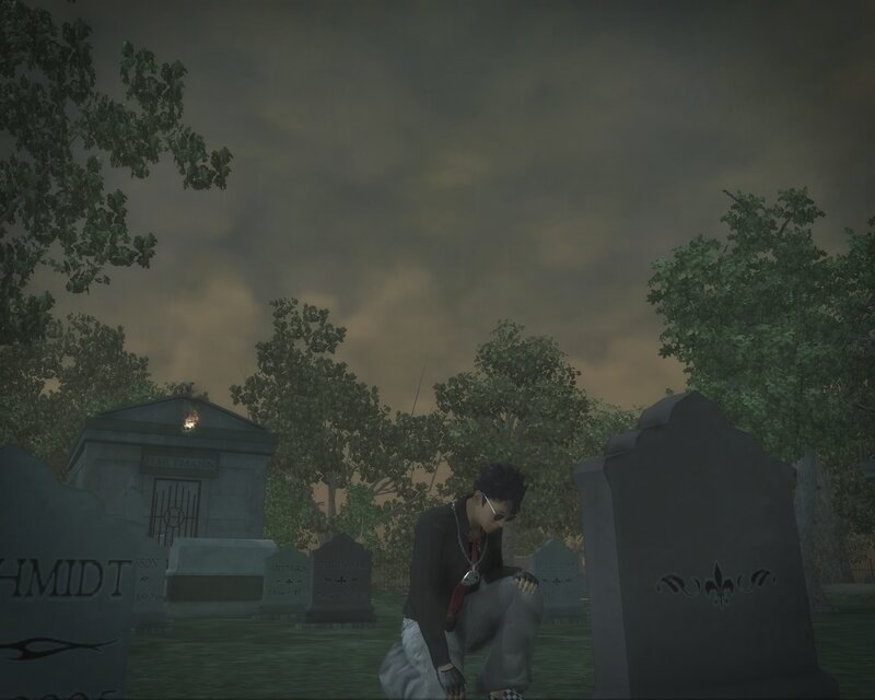 Character in a rainy graveyard