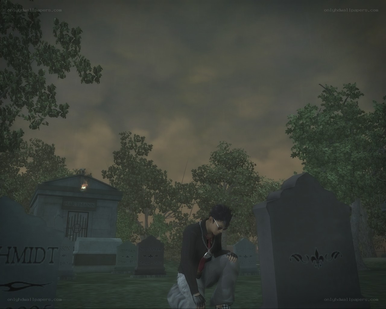 Character in a rainy graveyard